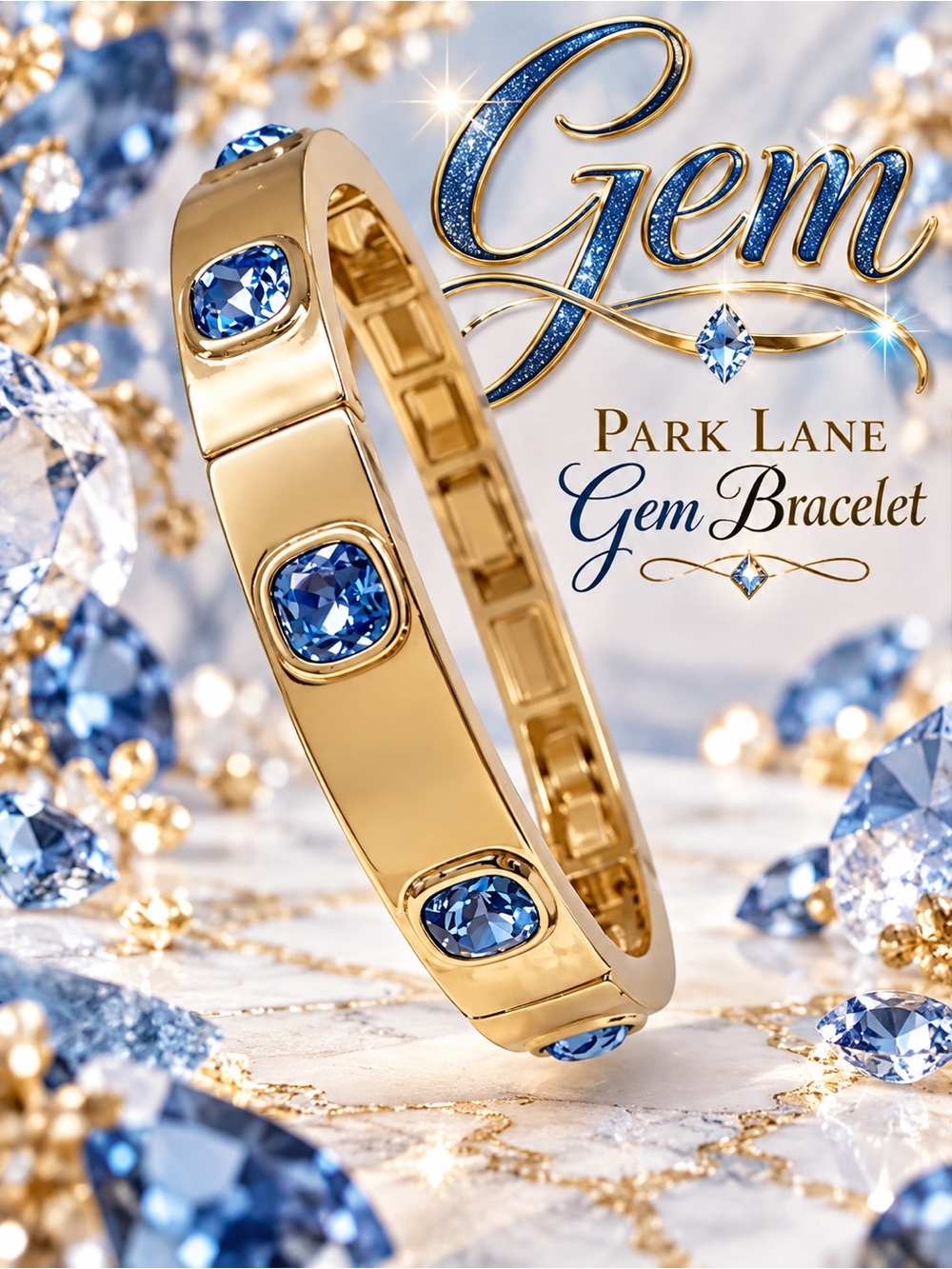 Park Lane Women’s Gem Bracelet Gold Tone Blue Crystal Statement Bangle Jewelry